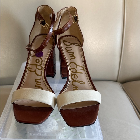 Sam Edelman Tan and Cream Croc-Embossed Heels - Picture 2 of 7